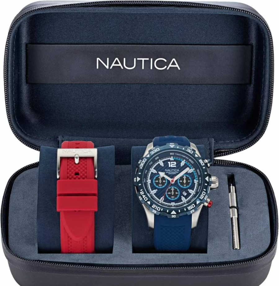Nautica Men's Blue and Red Silicone Strap Watch - Model NAPNSS401 | Waterproof Casual Wristwatch for Men