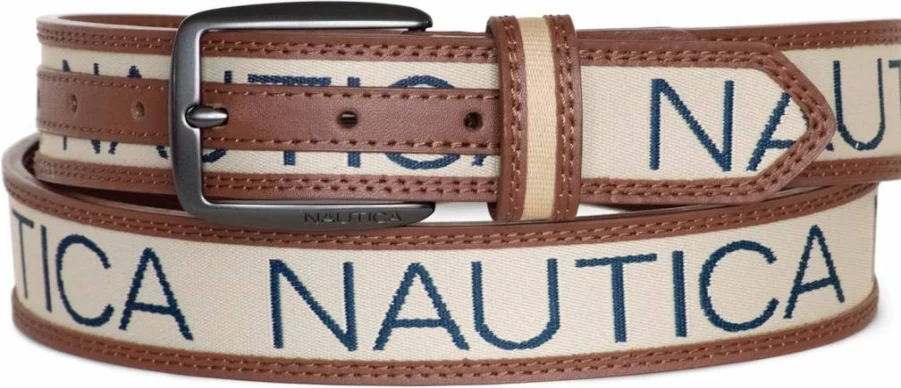 Nautica Men's Classic Casual Leather and Canvas Belt with Metal Buckle, Ribbon Detail, and Flag Design