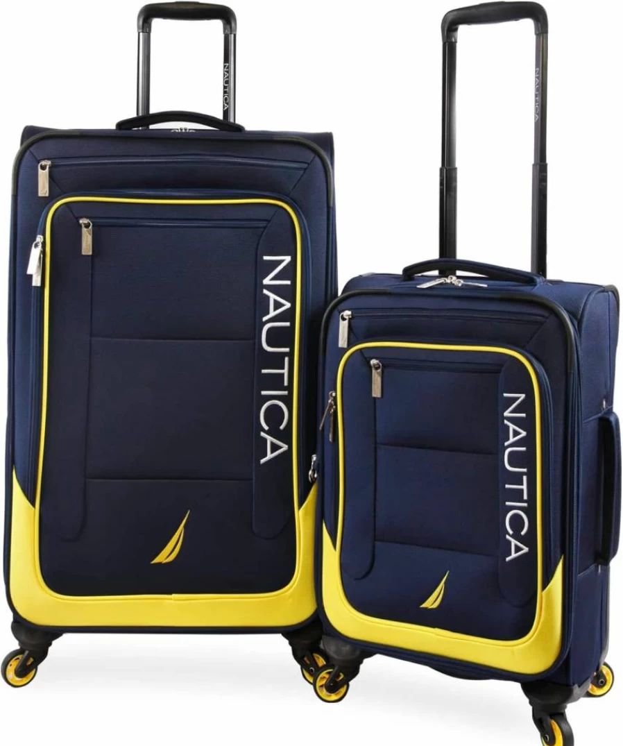 Nautica Helios 2-Piece Softside Luggage Set in Navy & Yellow – Lightweight Spinner Suitcase with Expandable Design