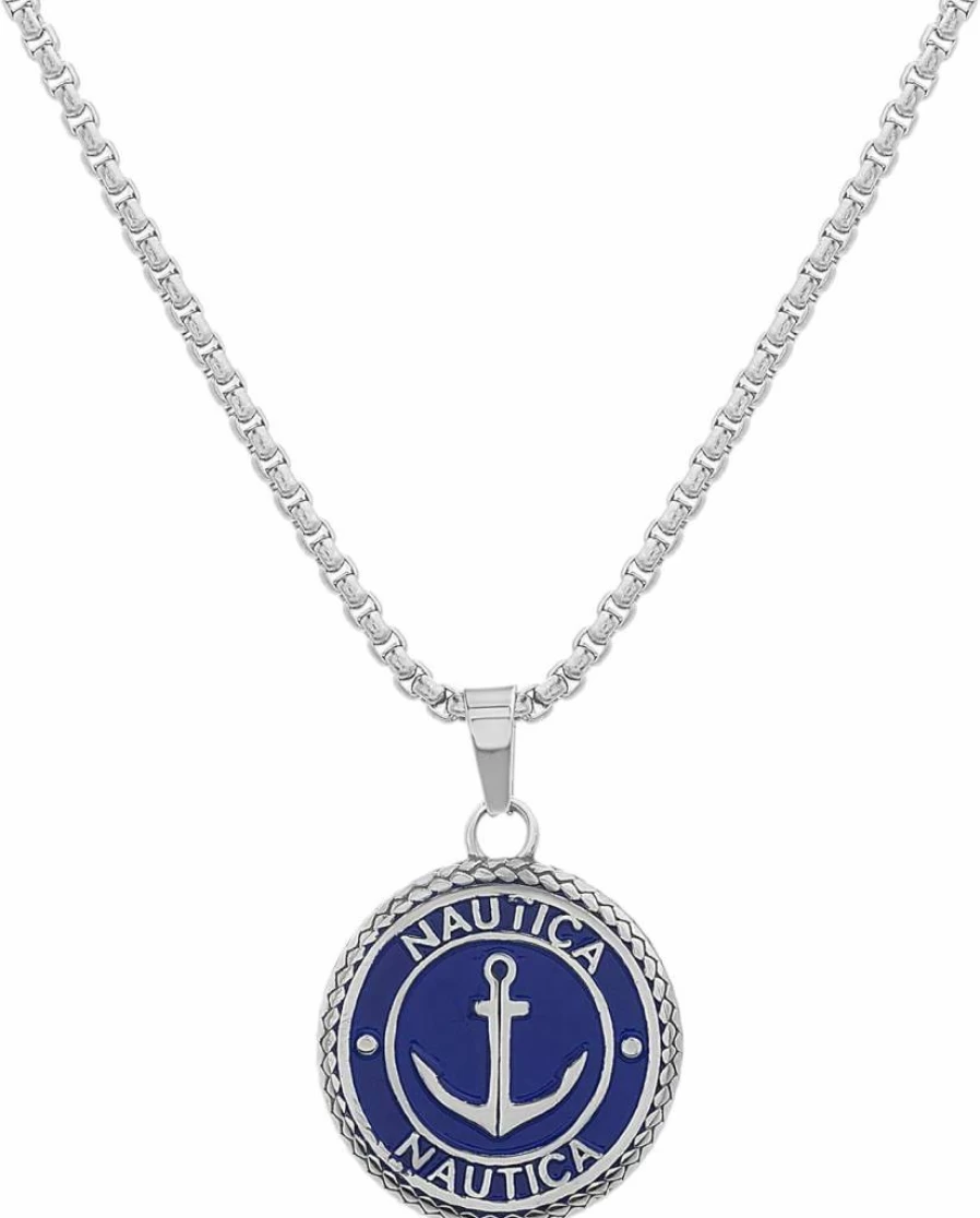 Nautica Men's Blue Enamel Anchor Stainless Steel Necklace - Classic Maritime Jewelry