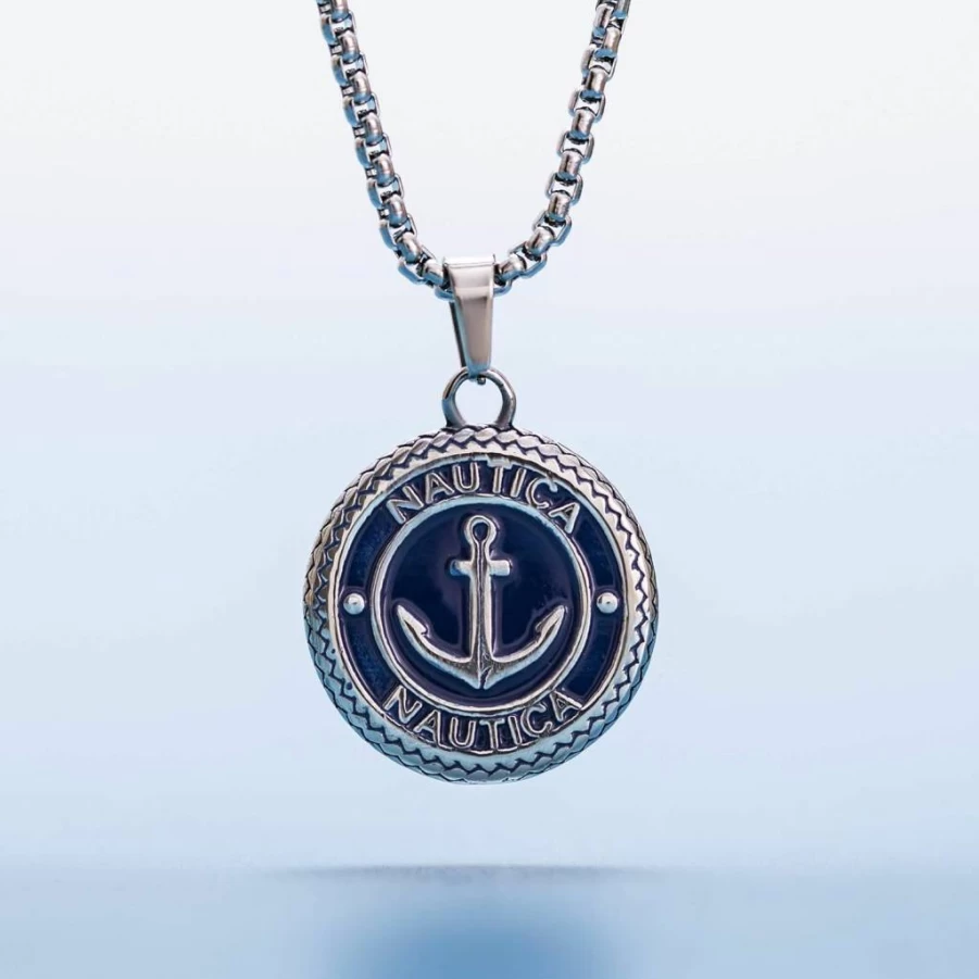 Nautica Men's Blue Enamel Anchor Stainless Steel Necklace - Classic Maritime Jewelry