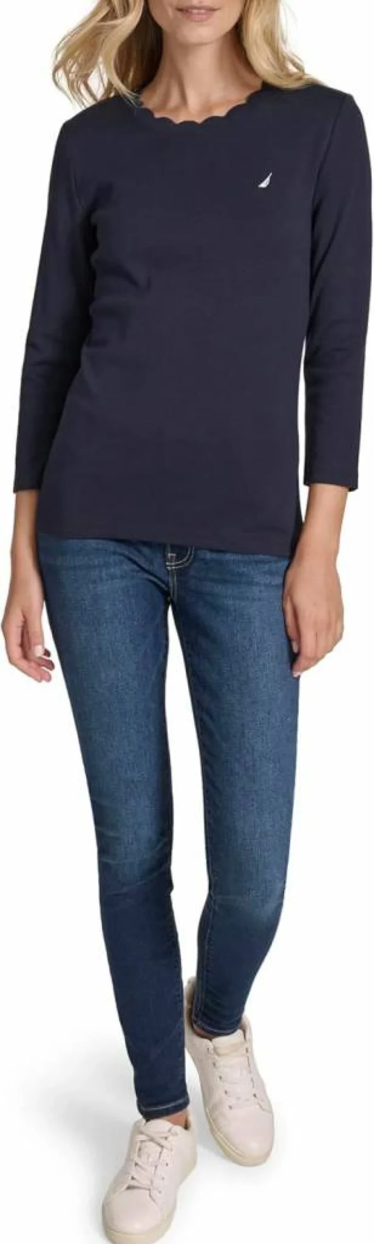 Nautica Women's Cotton Scalloped Knit Top 3/4 Sleeve Solid Color Casual Blouse