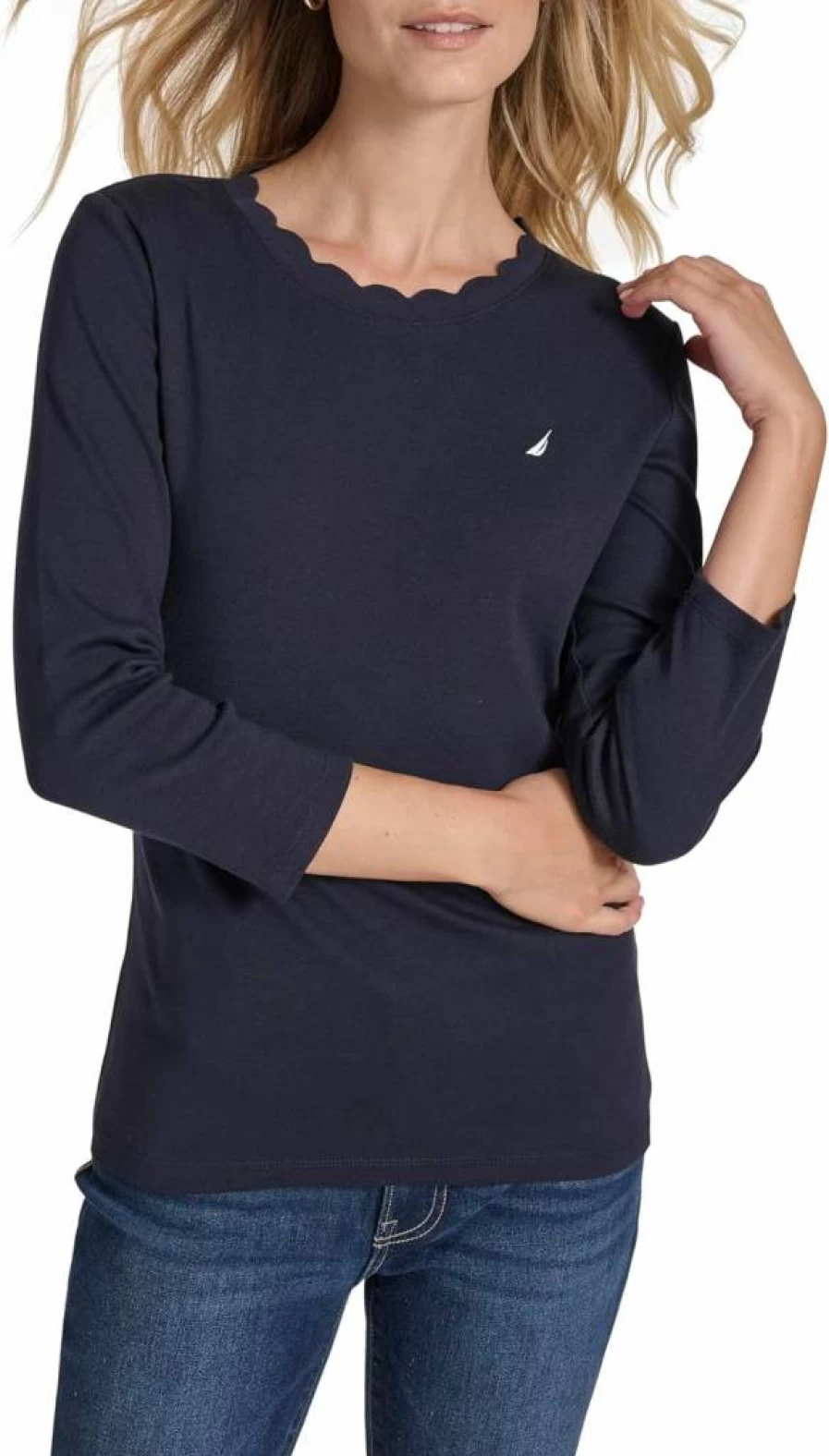Nautica Women's Cotton Scalloped Knit Top 3/4 Sleeve Solid Color Casual Blouse