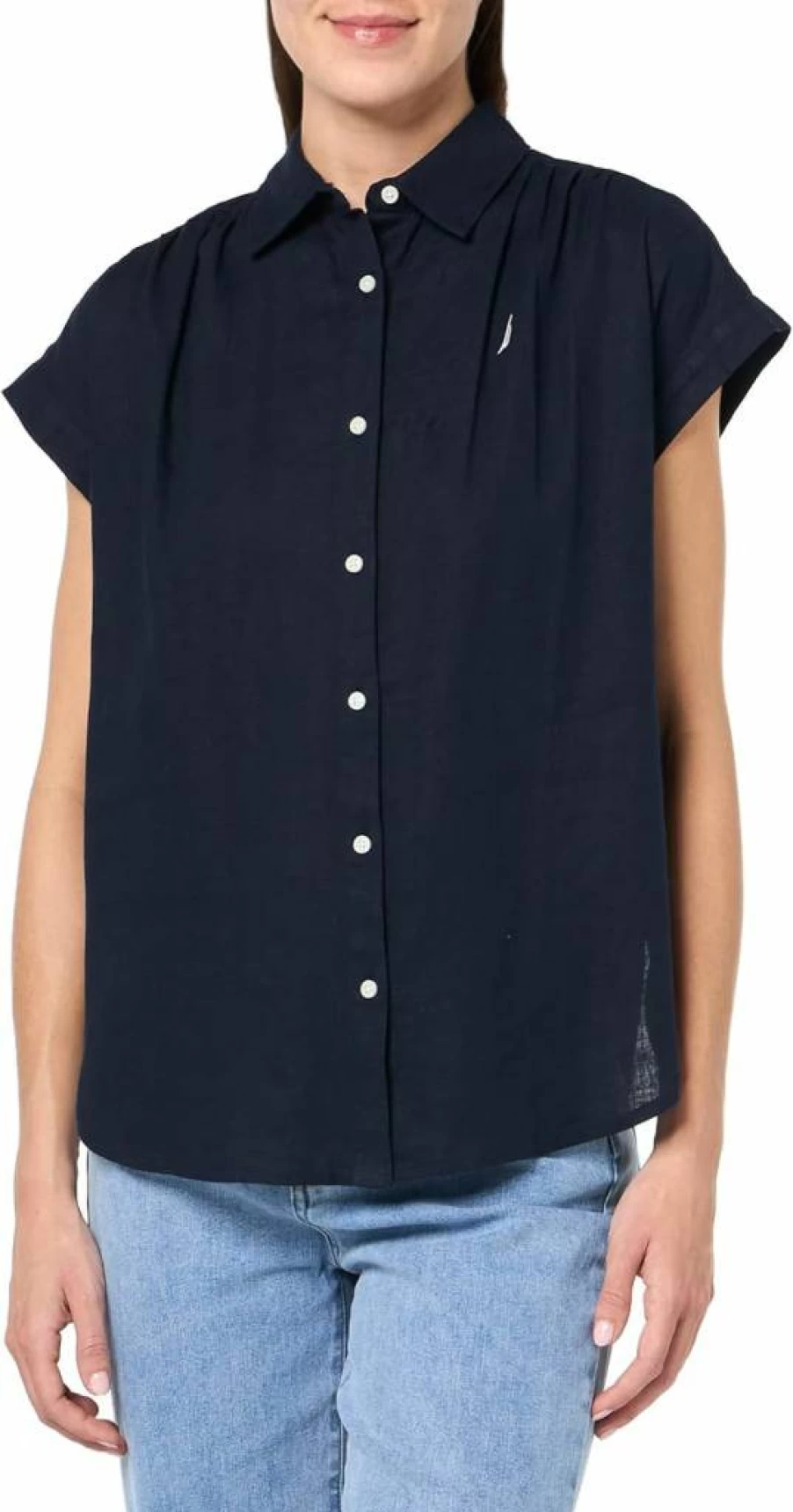 Nautica Women's Linen Blend Short Sleeve Button-Down Shirt Casual Comfort Top