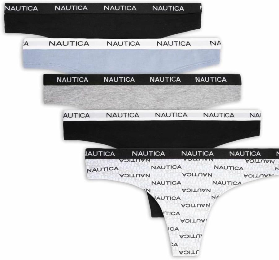 Nautica Women's 5-Pack Cotton Thong Underwear Set - Soft Comfortable Breathable Panties