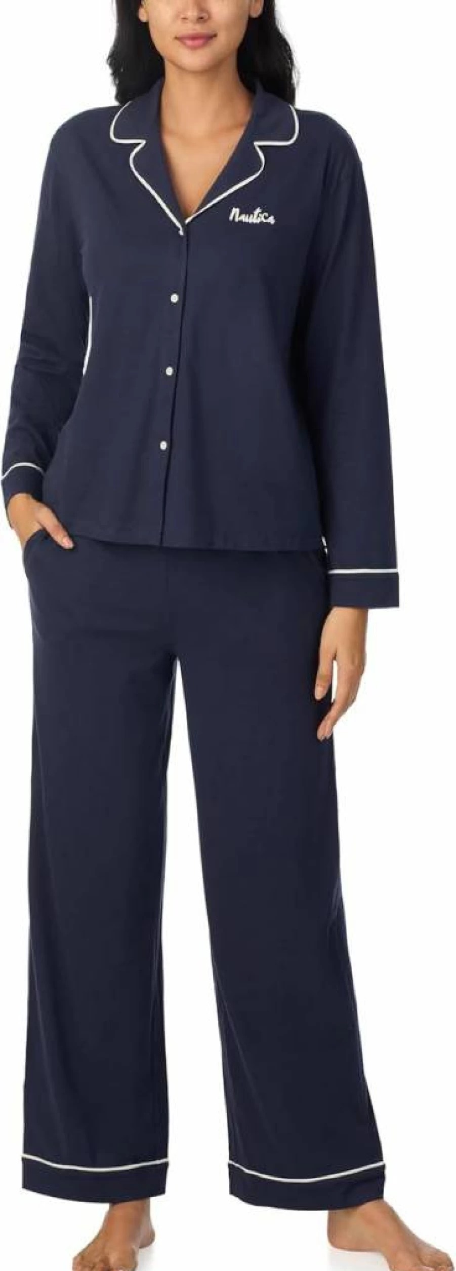 Nautica Women's Lightweight Cotton Blend Pajama Set - Button-Up Top & Drawstring Pants, 2-Piece Notch Collar Sleepwear