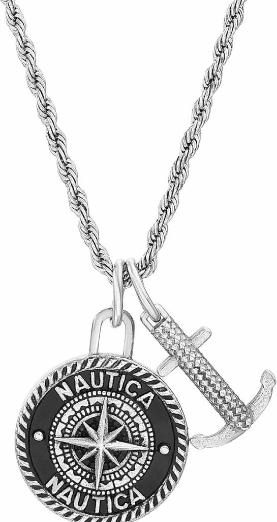 Nautica Men's Anchor Rope Chain Necklace - Stainless Steel Black Enamel Compass Pendant