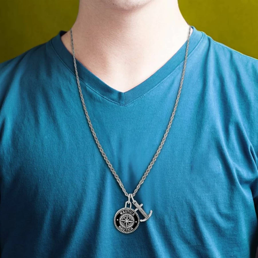 Nautica Men's Anchor Rope Chain Necklace - Stainless Steel Black Enamel Compass Pendant
