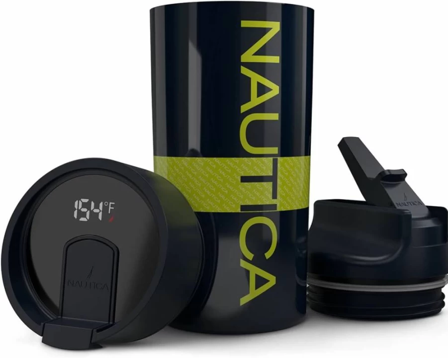 Nautica 17oz Stainless Steel Vacuum Insulated Smart Tumbler with LED Display, Leak-Proof Lid & Straw - Hot/Cold Sports Water Bottle (Navy Lime)