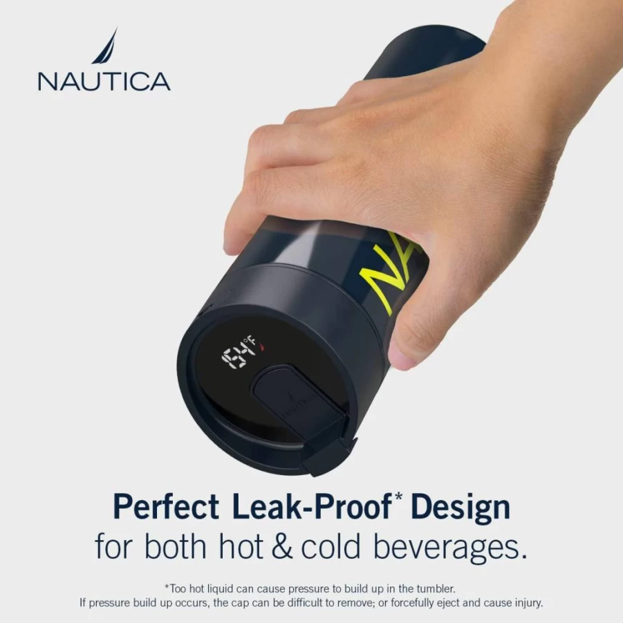 Nautica 17oz Stainless Steel Vacuum Insulated Smart Tumbler with LED Display, Leak-Proof Lid & Straw - Hot/Cold Sports Water Bottle (Navy Lime)