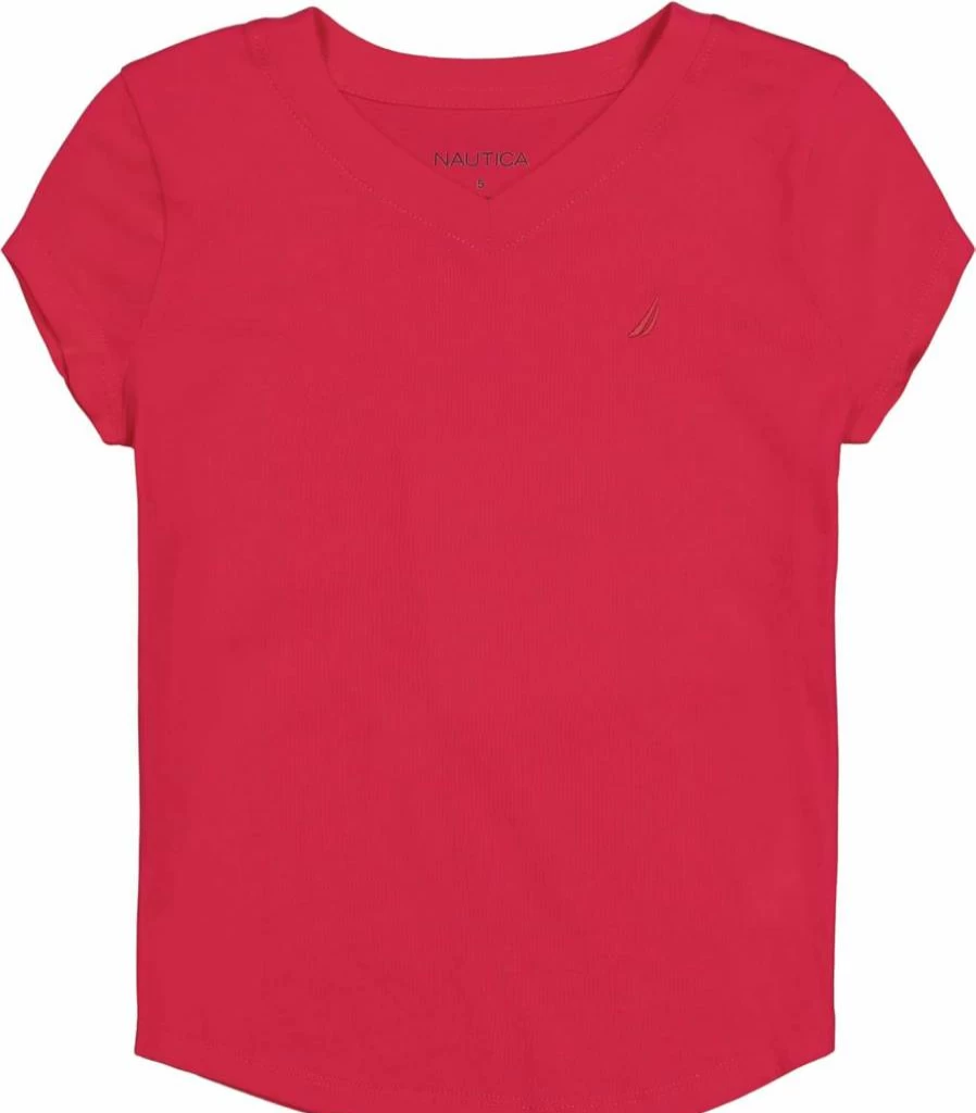 Nautica Girls' Cotton Blend Short Sleeve V-Neck Tee - Soft Tagless Comfort T-Shirt for Kids
