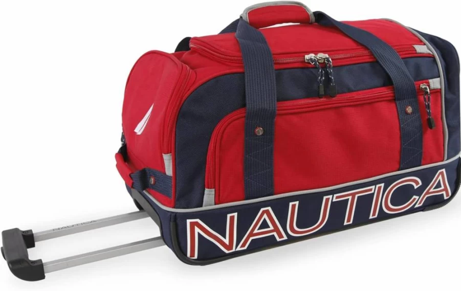 Nautica Submariner 22 Inch Red and Navy Rolling Duffel Bag for Travel and Sports
