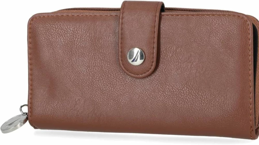 Nautica Women's RFID Vegan Leather Wallet - Zip Around Clutch with Phone Holder, Card Slots & Checkbook Pocket, Earth Tone Bifold Organizer