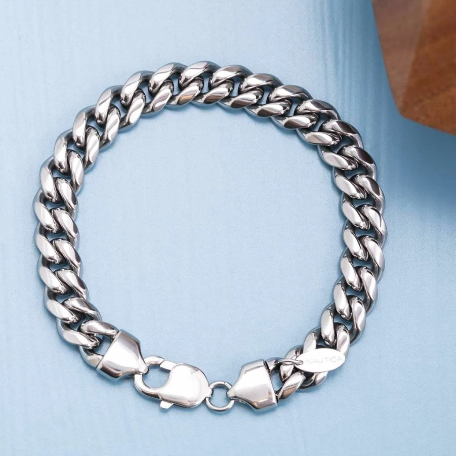 Nautica Stainless Steel Miami Link Cuban Chain Bracelet for Men & Women - Unisex White Adjustable Jewelry Gift