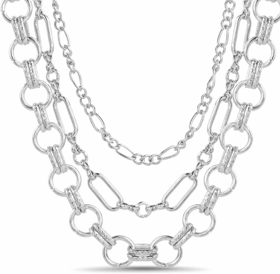 Nautica Women's Silver Tone Layered Chain Necklace - 14K Gold Plated Brass Three Row Statement Necklace for Everyday Wear