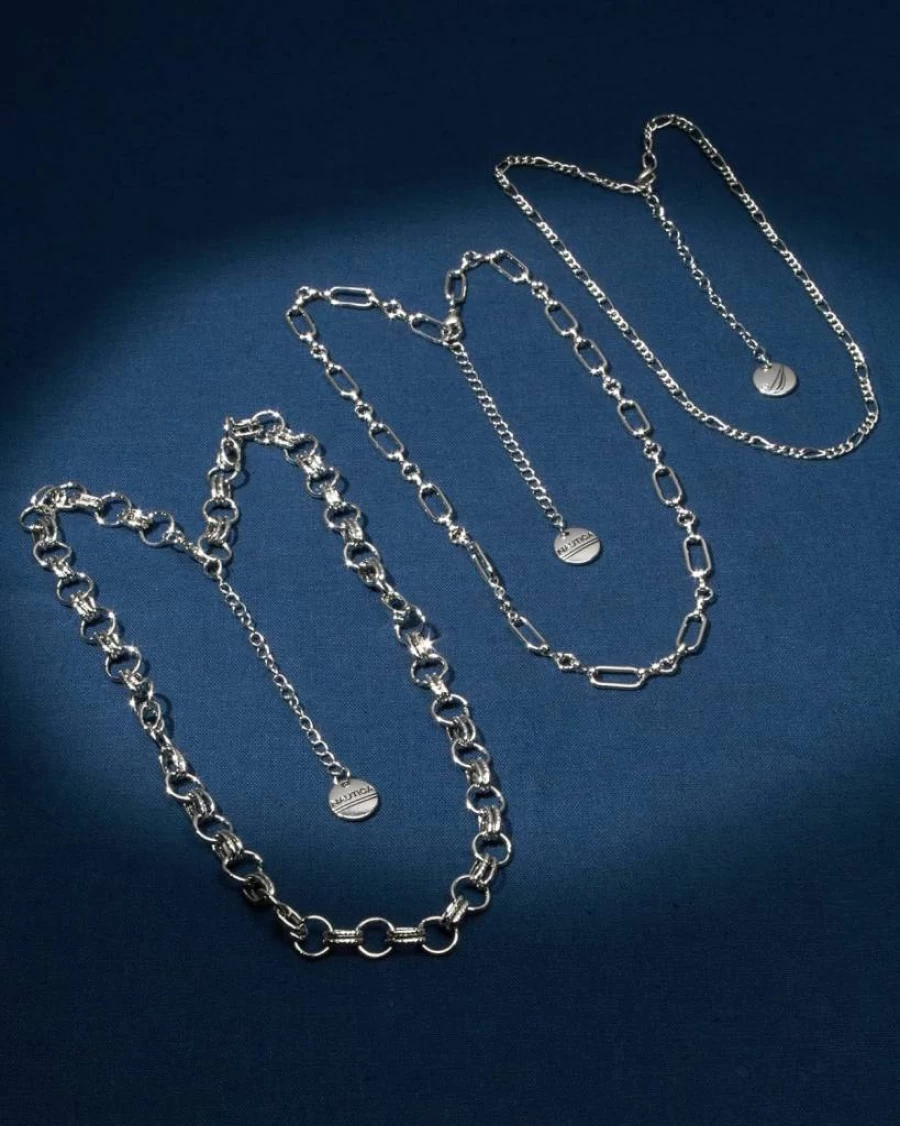 Nautica Women's Silver Tone Layered Chain Necklace - 14K Gold Plated Brass Three Row Statement Necklace for Everyday Wear