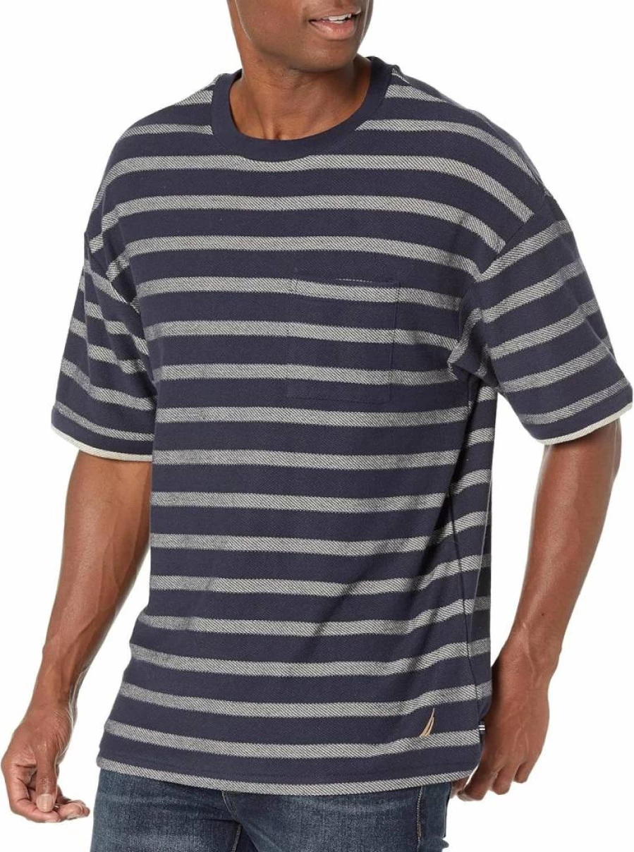 Nautica Men's Classic Striped Cotton T-Shirt with Chest Pocket - Casual Short Sleeve Tee