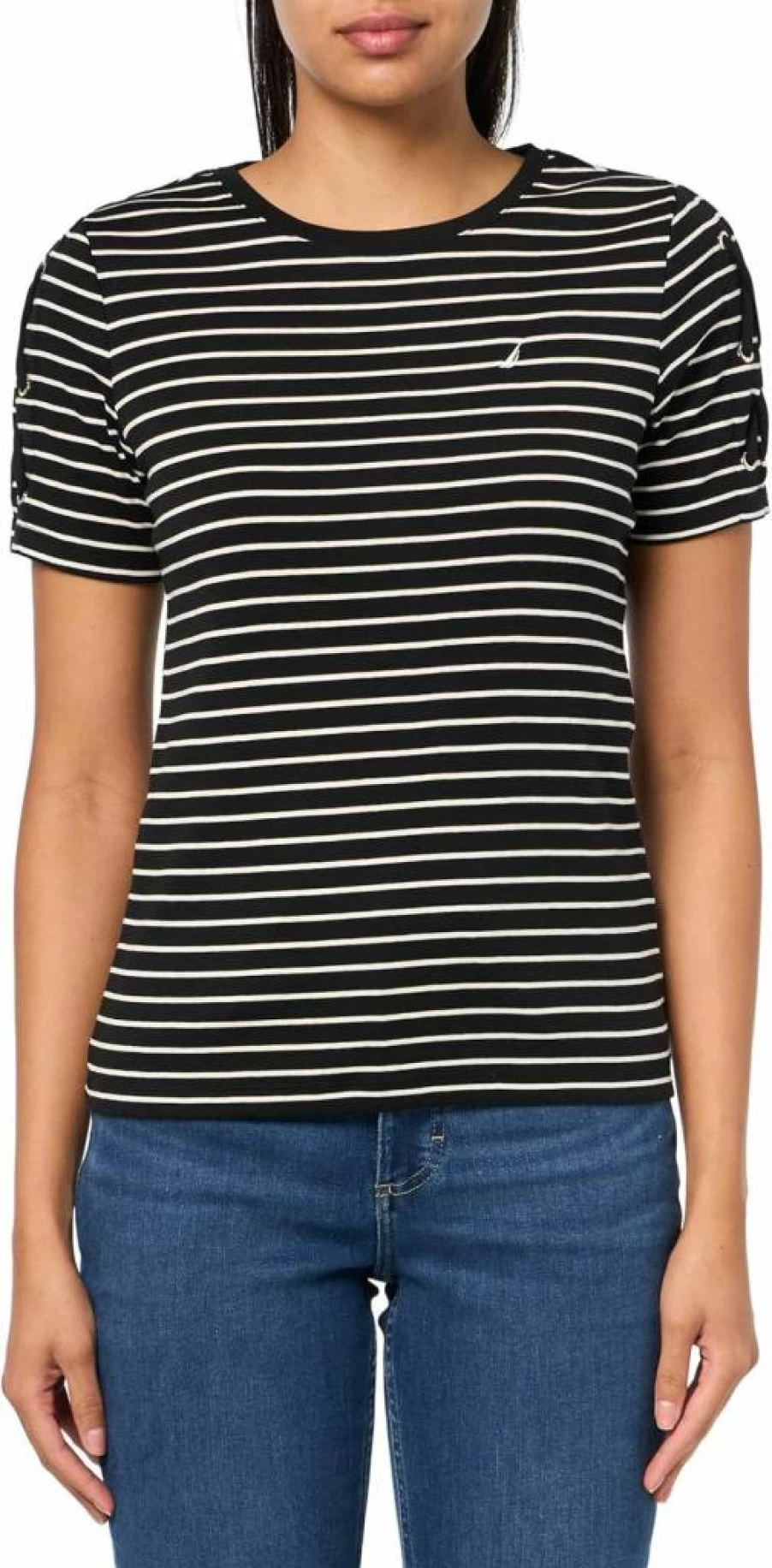 Nautica Women's Cotton Crewneck T-Shirt with Lace-Up Sleeve Detail | Stylish Casual Top