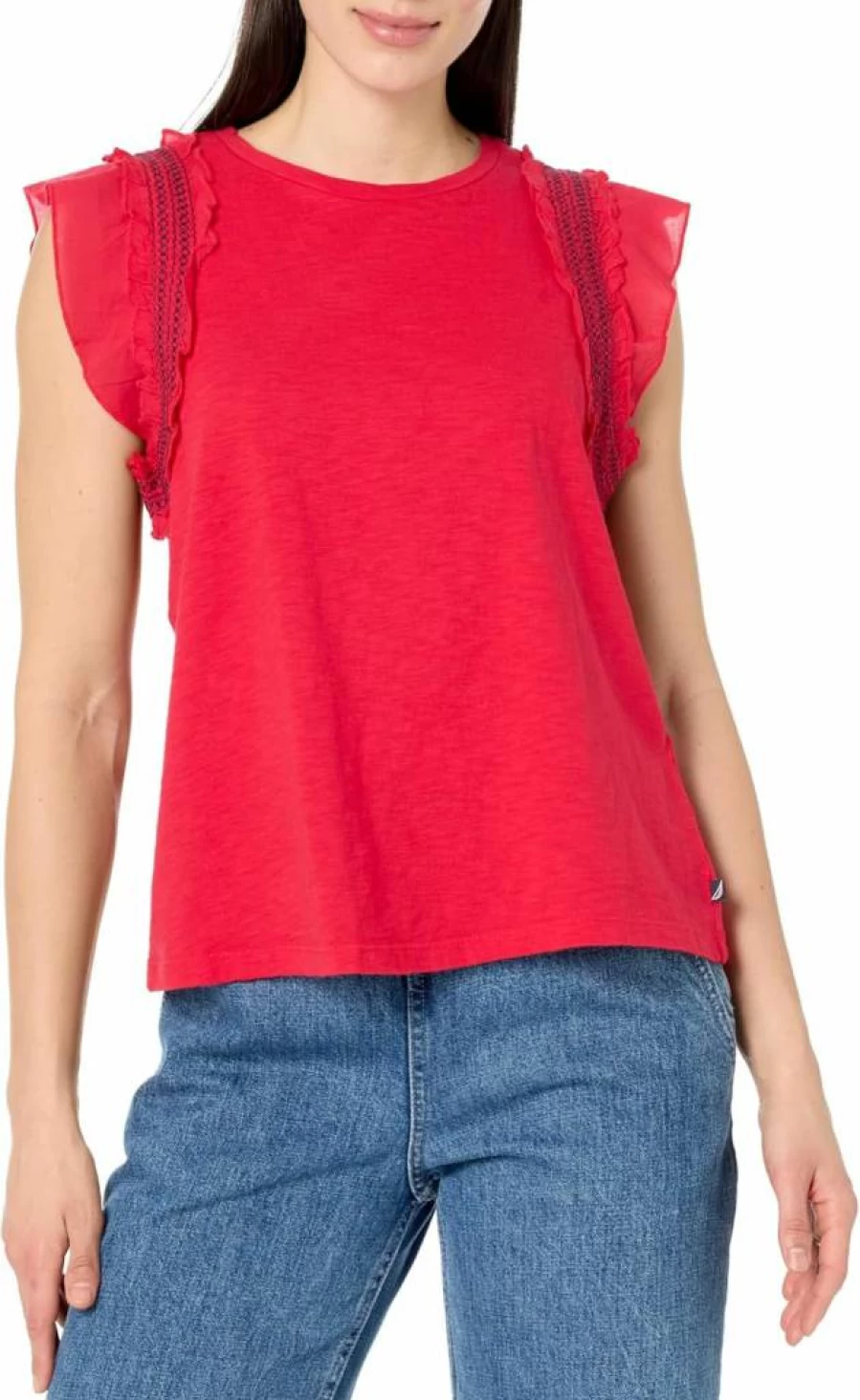 Nautica Women's Ruffled Short Sleeve Crew Neck Blouse - Casual Summer Top