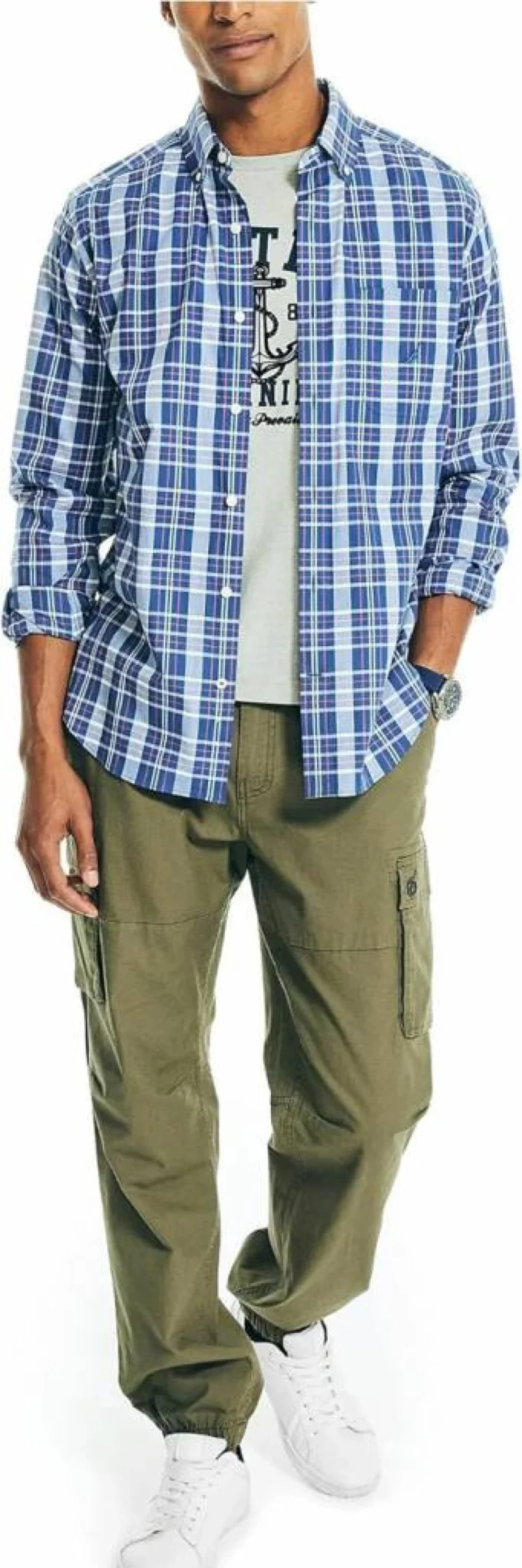 Nautica Men's Classic Plaid Button-Down Poplin Shirt for Casual Wear