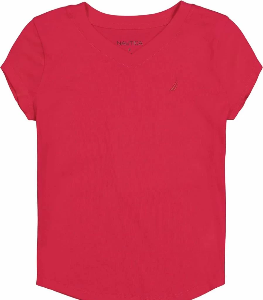 Nautica Girls' Cotton Blend V-Neck Short Sleeve Tee - Tagless Comfort Solid Color T-Shirt