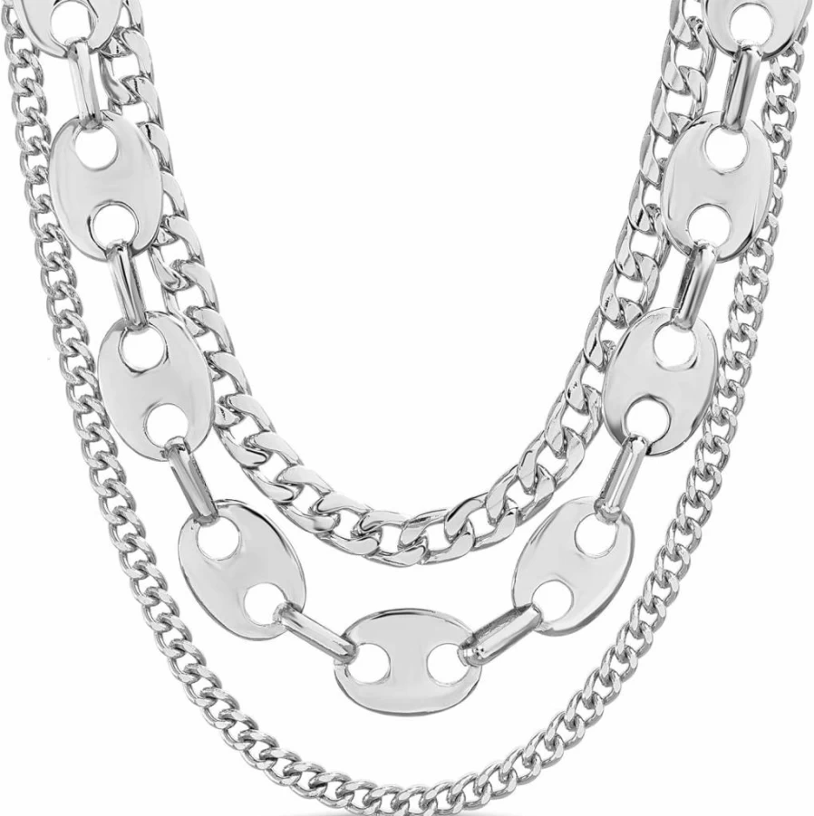 Nautica Women's 14K Gold Plated Layered Chain Necklace - Classic Three Row Statement Necklace in White