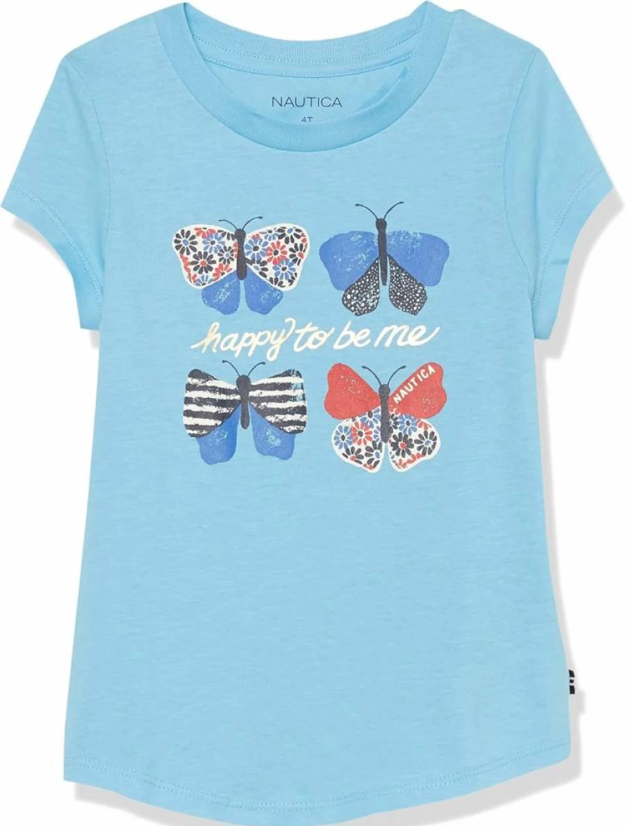 Nautica Girls' Cotton Short Sleeve Graphic Tee - Soft Tagless Crewneck T-Shirt with Playful Print