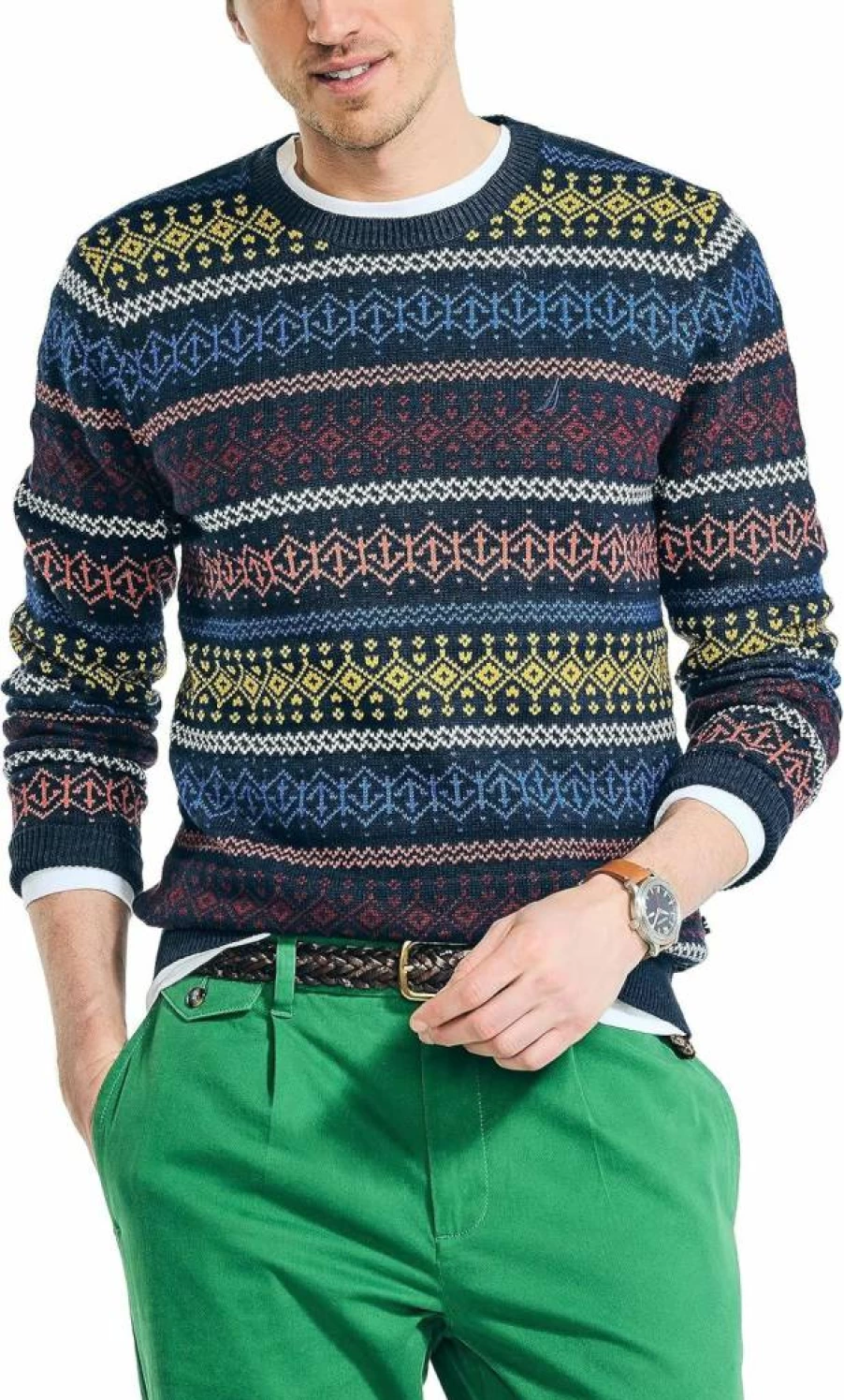 Nautica Men's Fair Isle Knit Sweater - Classic Crewneck Winter Pullover for Men