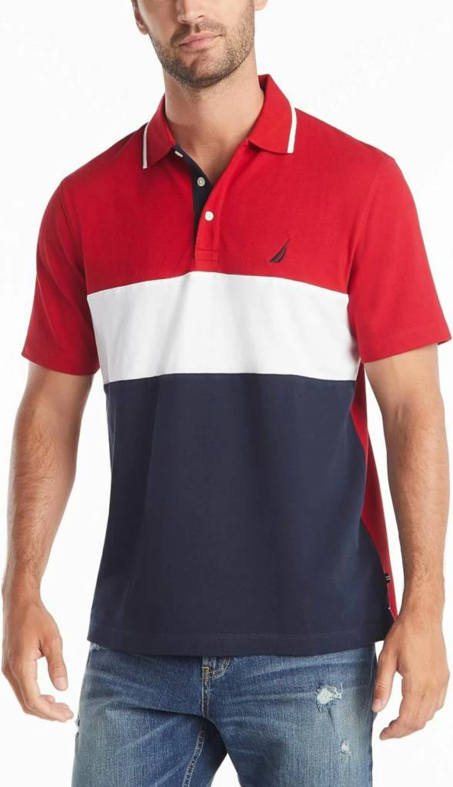 Nautica Men's Color Block Polo Shirt - 100% Cotton Short Sleeve Casual Top for Men