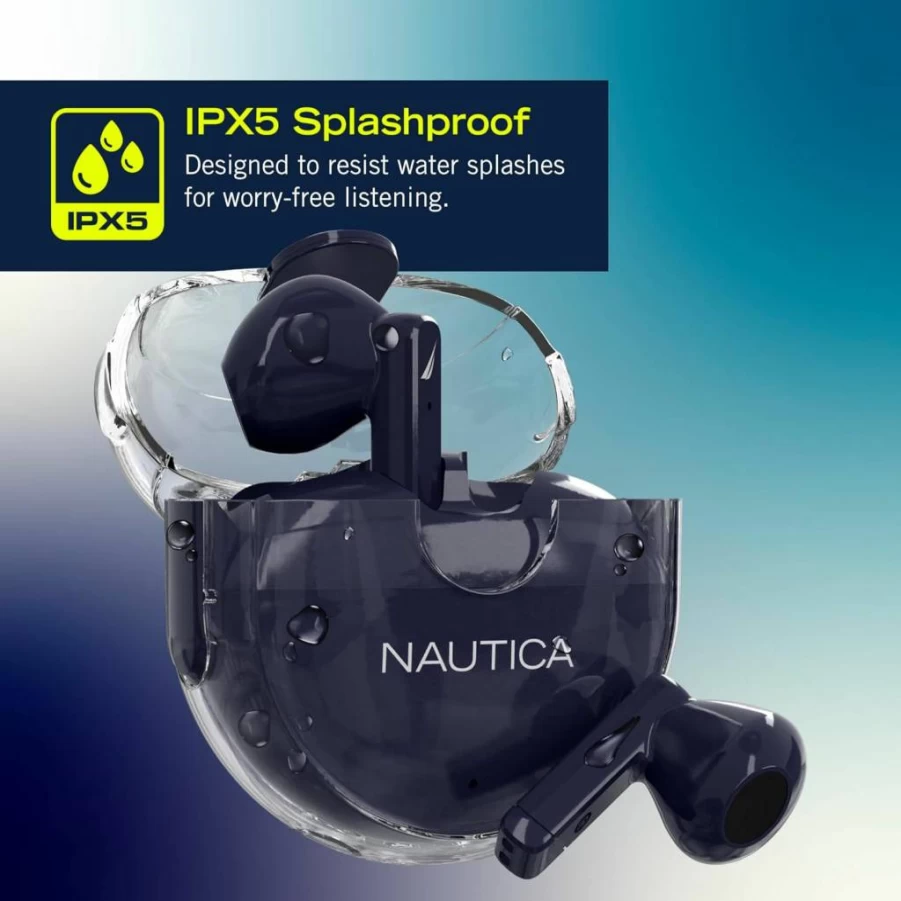 Nautica Yellow Bluetooth Earbuds Wireless 5.1 with 6H Playtime, IPX5 Waterproof, Lightweight Transparent Design, Hands-Free Calling for iPhone Android