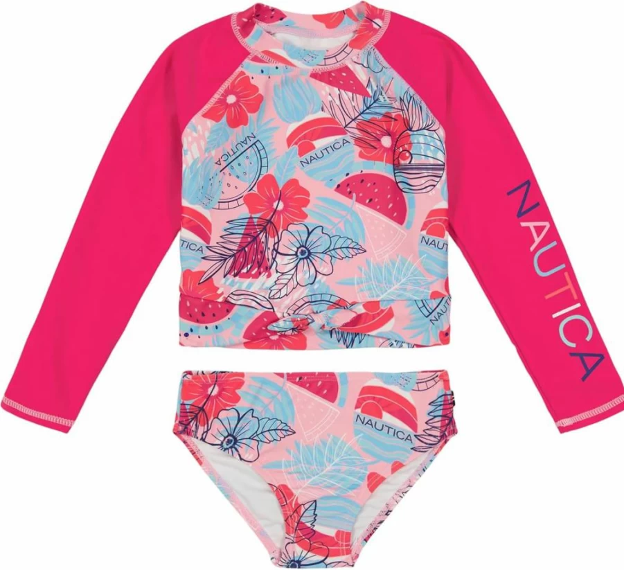 Nautica Girls' UPF 50+ Two-Piece Rashguard Swimsuit Set, Quick-Dry Bathing Suit for Sun Protection