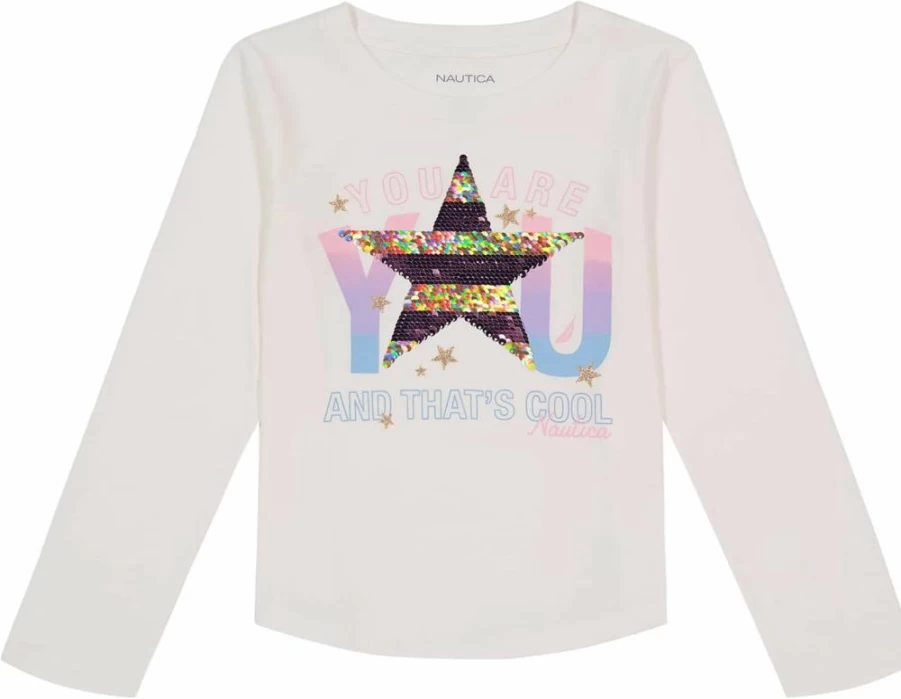 Nautica Girls' Long Sleeve Graphic T-Shirt with Flip Sequin & Glitter Details for Kids