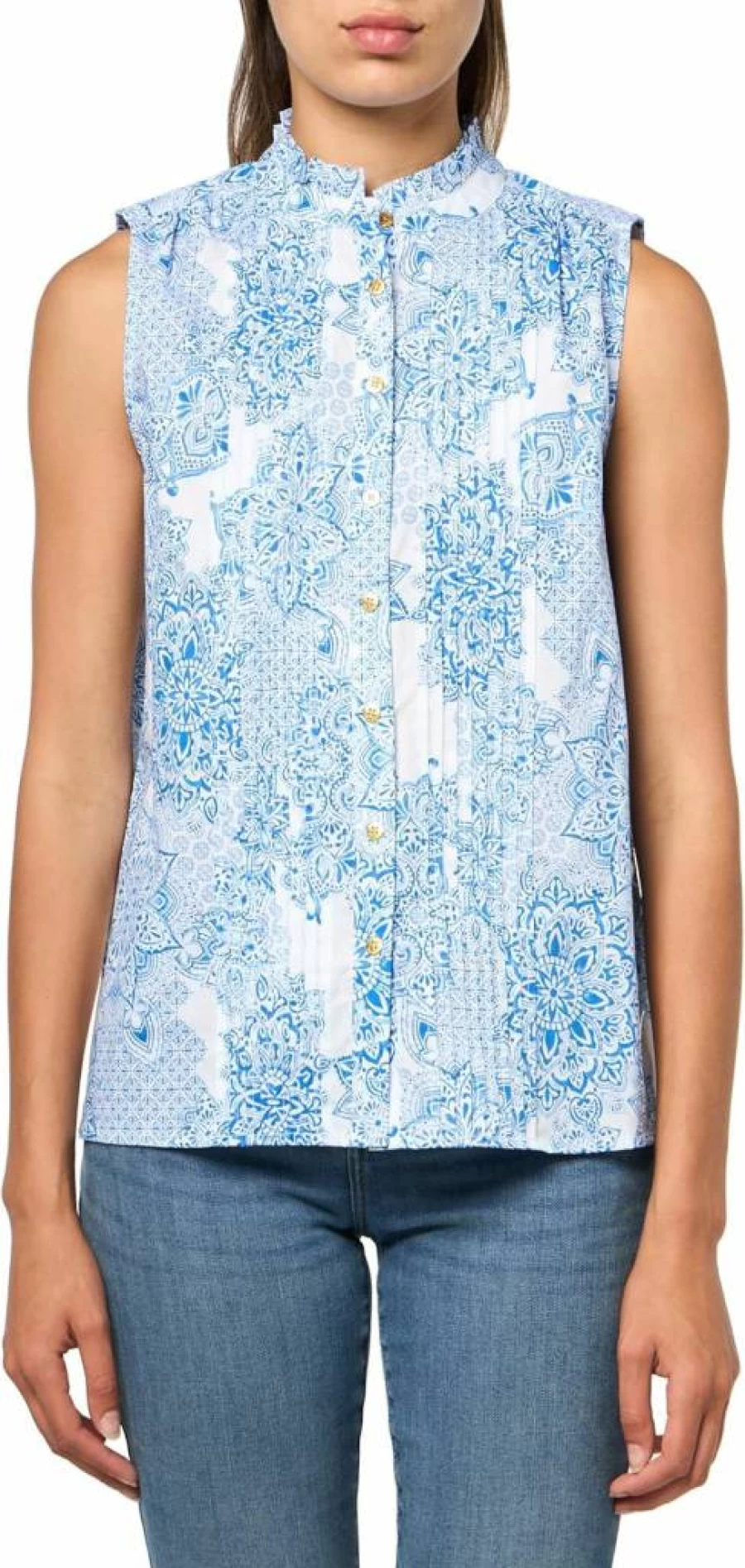 Nautica Women's Sleeveless Ruffle Neck Tile Print Blouse - Casual Summer Top