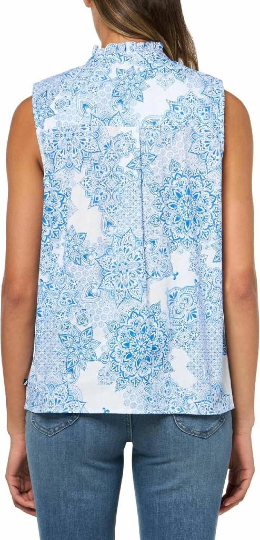 Nautica Women's Sleeveless Ruffle Neck Tile Print Blouse - Casual Summer Top