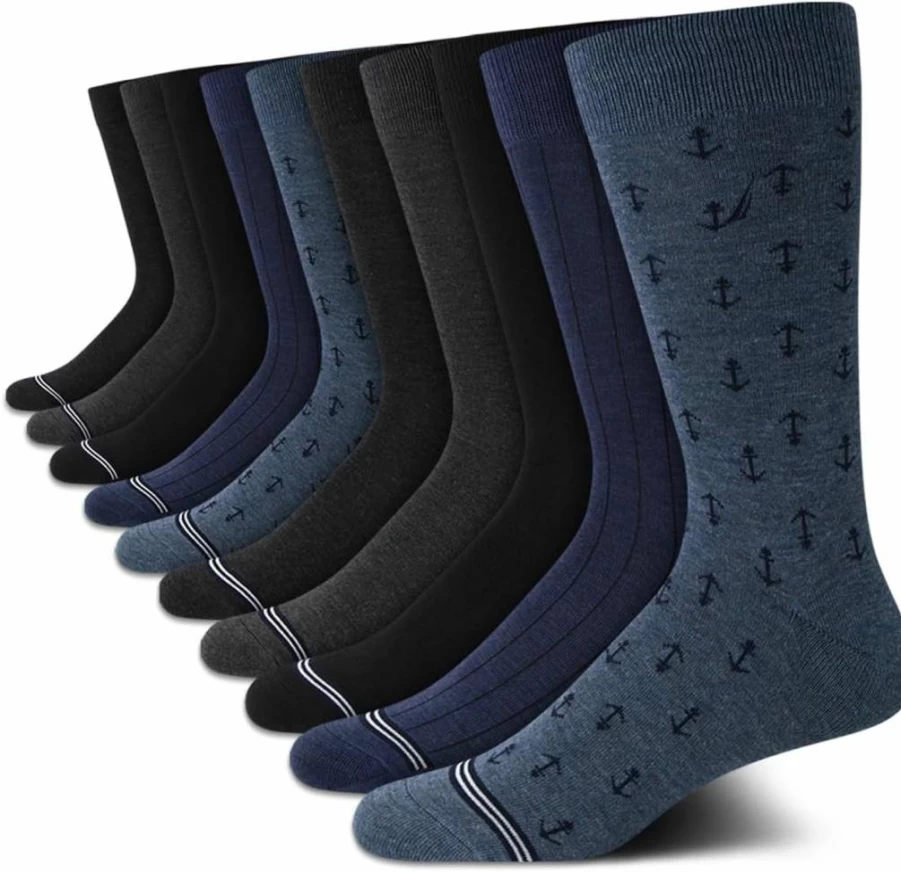 Nautica Men's 10-Pack Breathable Crew-Length Dress Socks for Business & Formal Wear (Sizes 6-12.5) - Stretch Work Socks