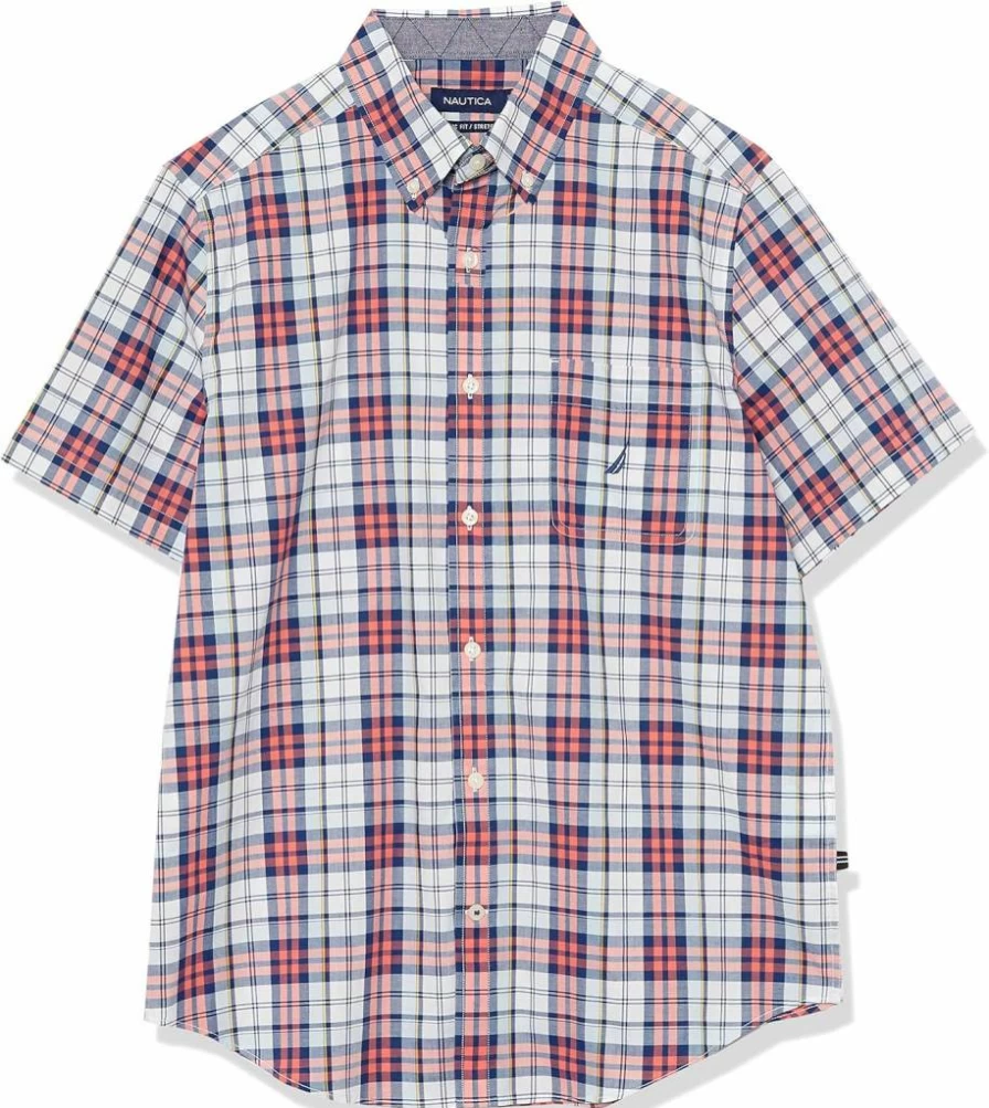 Nautica Men's Classic Plaid Short-Sleeve Button-Down Shirt - Casual Poplin Top for Summer