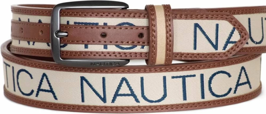Nautica Men's Classic Casual Leather & Canvas Belt with Metal Buckle, Ribbon Detail, and Flag Design | Signature Style