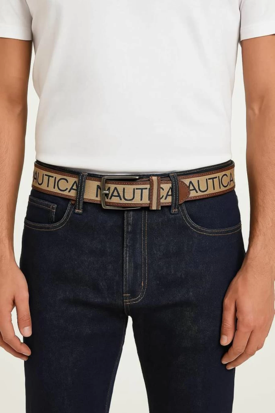 Nautica Men's Classic Casual Leather & Canvas Belt with Metal Buckle, Ribbon Detail, and Flag Design | Signature Style