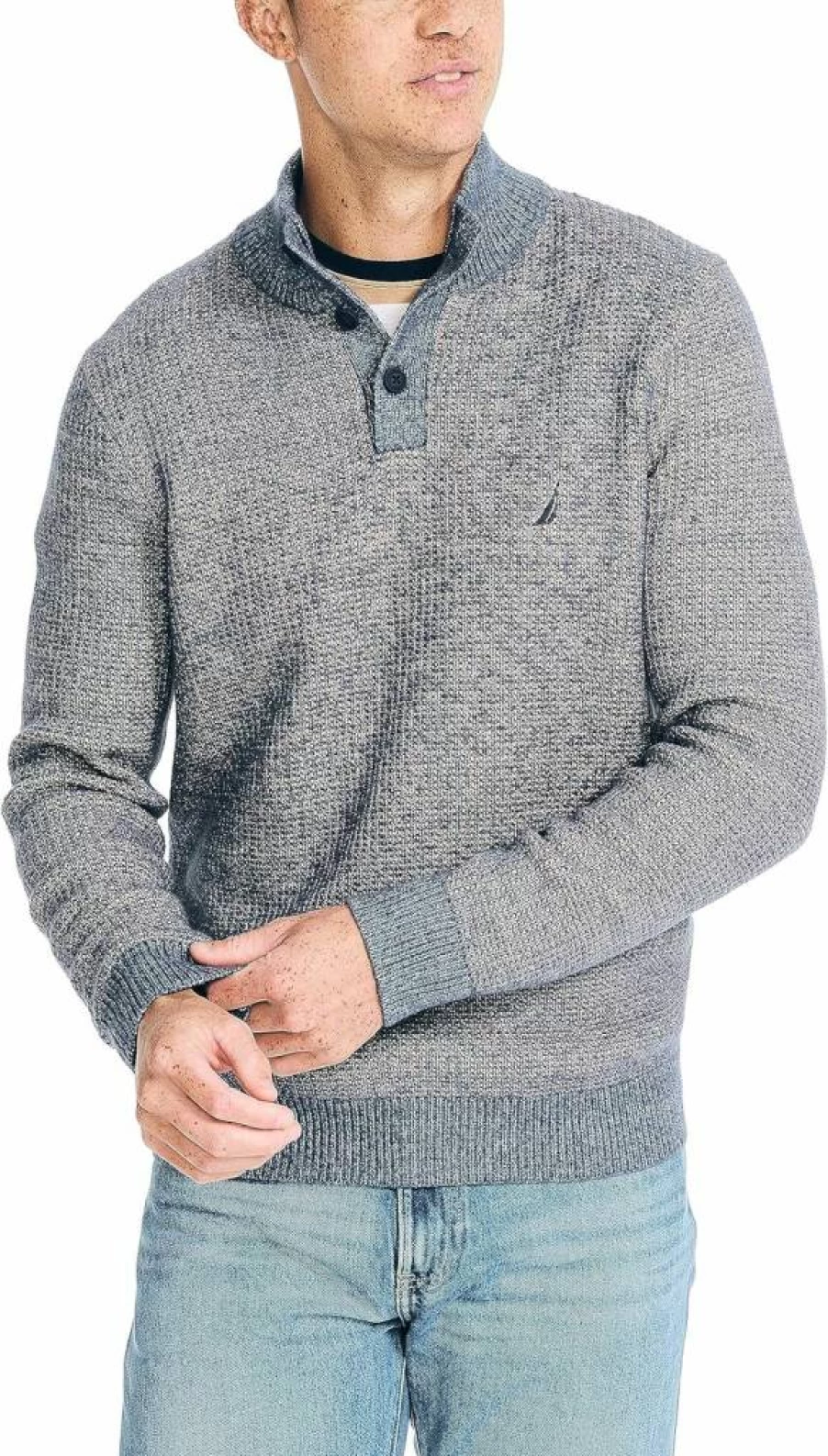 Nautica Men's Sustainable Waffle Knit Mock Neck Sweater - Eco-Friendly Cotton Pullover