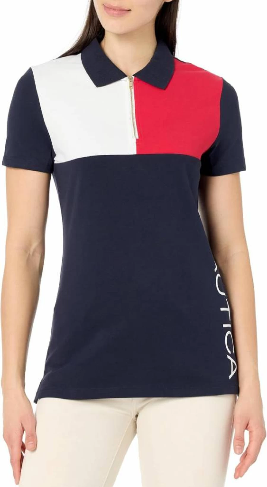Nautica Women's 1/4 Zip Short Sleeve Polo Shirt - Classic Placket Design for Casual Comfort