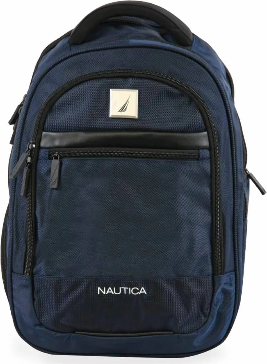 Nautica Navy Blue 18 Inch Water-Resistant Laptop Backpack for Men & Women, Durable Travel Daypack with USB Charging Port