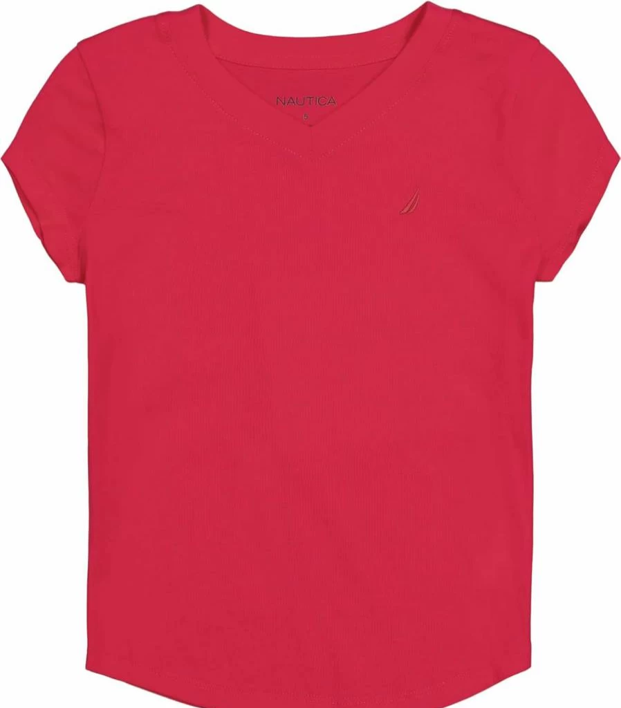 Nautica Girls' Cotton Blend V-Neck T-Shirt - Soft Short Sleeve Tagless Tee for Comfort