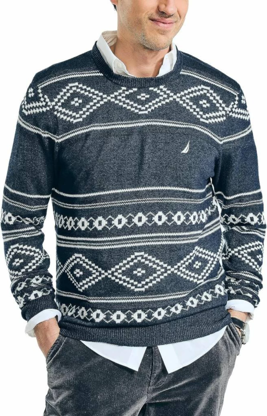 Nautica Men's Sustainable Fair Isle Knit Sweater - Eco-Friendly Crewneck Pullover