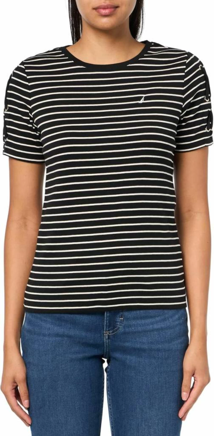 Nautica Women's Cotton Crewneck T-Shirt with Lace-Up Sleeve Detail | Stylish Casual Top