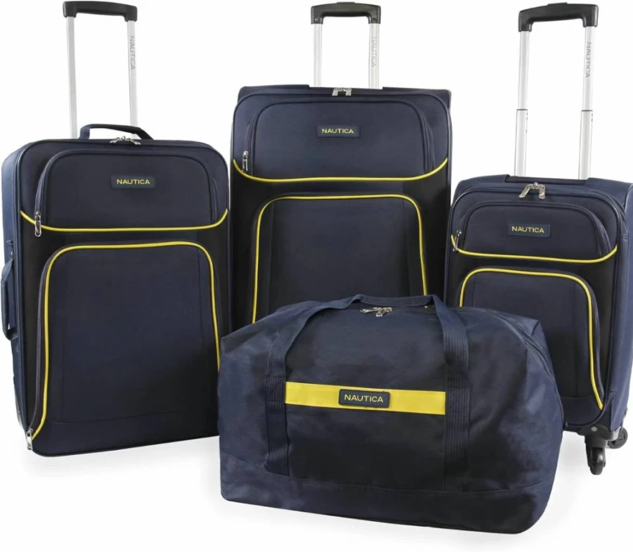 Nautica Seascape 4-Piece Softside Luggage Set in Black and Blue – Lightweight Travel Suitcase with Spinner Wheels