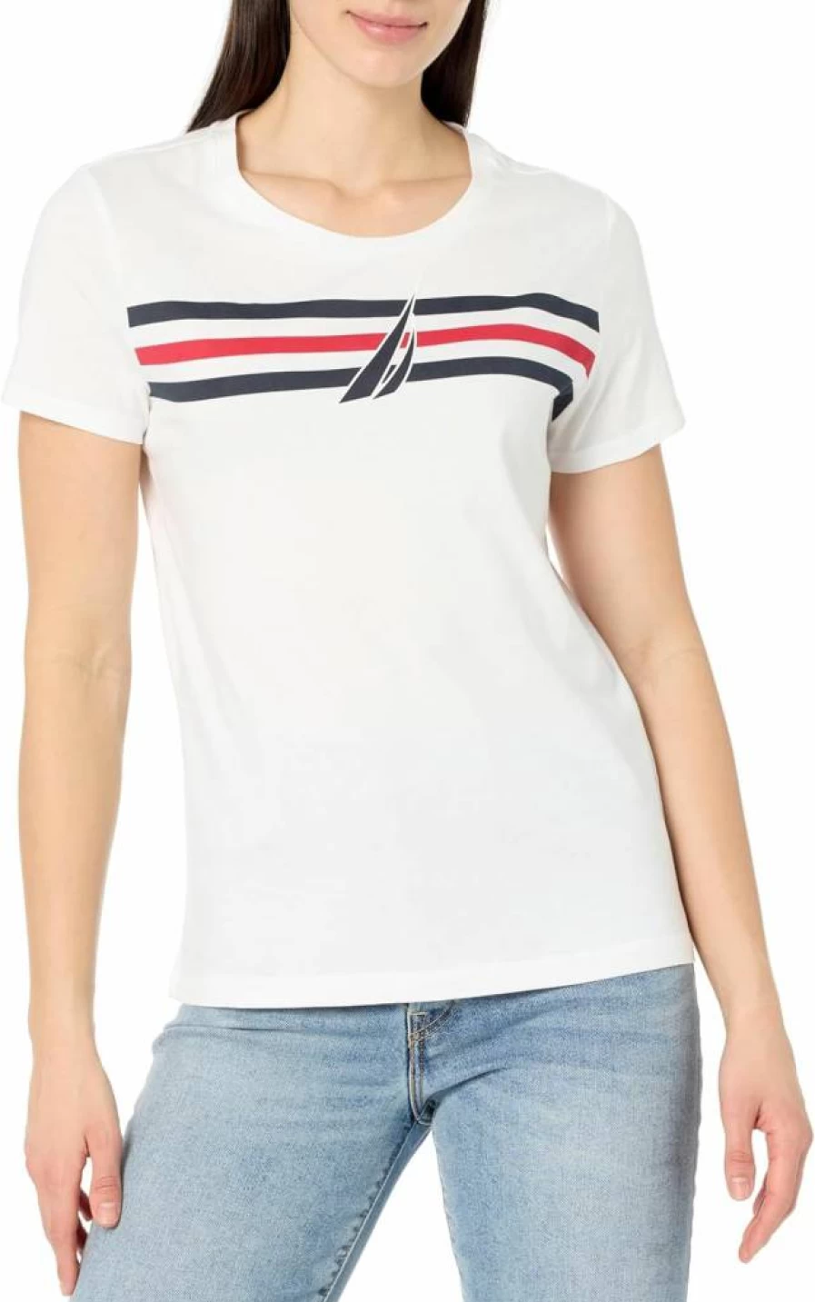 Nautica Women's Striped Short Sleeve T-Shirt with Logo - Classic Crewneck Top for Women