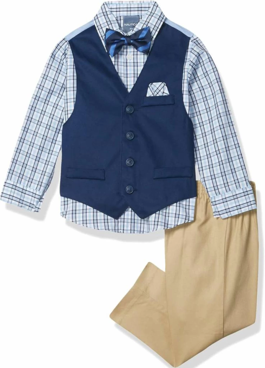 Nautica Boys' 4-Piece Formal Suit Set with Vest, Dress Pants, Collared Shirt, and Tie for Special Occasions